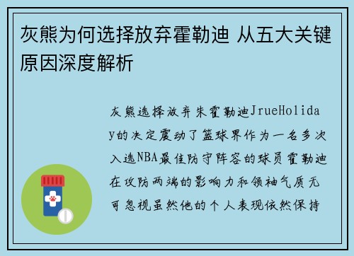 灰熊为何选择放弃霍勒迪 从五大关键原因深度解析