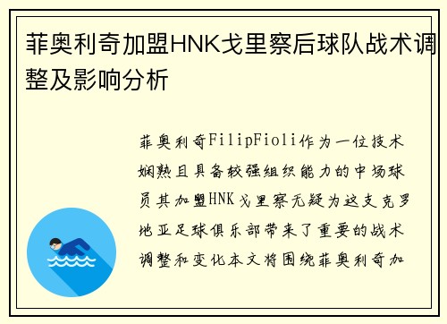 菲奥利奇加盟HNK戈里察后球队战术调整及影响分析
