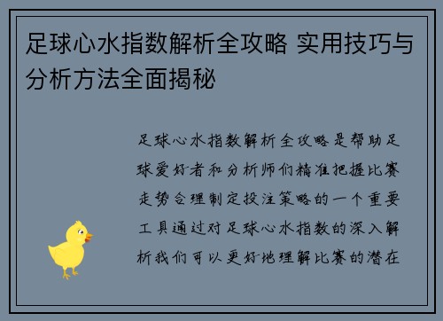 足球心水指数解析全攻略 实用技巧与分析方法全面揭秘